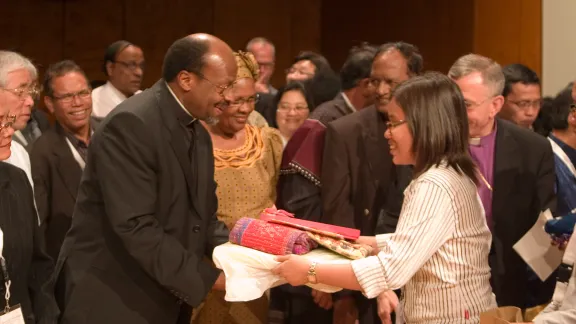 At the Eleventh Assembly in Stuttgart, Germany, Rev. Dr Ishmael Noko receives tributes from around the global communion as he concludes his term in office. Photo: LWF/Erick Coll 