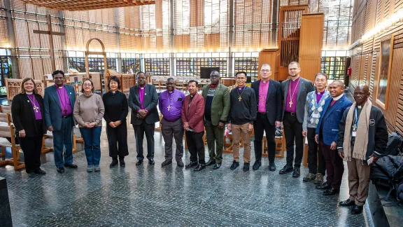 The 14 Bishops and Presidents from LWF member churches participating in the 2023 Retreat of Newly Elected Leaders gather in the Ecumenical Center Chapel in Geneva. Photo: LWF/S. Gallay 