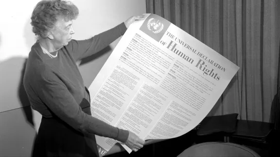 American diplomat, human rights activist and former First Lady Eleanor Roosevelt holding a copy of the Universal Declaration of Human Rights which was adopted by the UN General Assembly on 10 December 1948. Among those advising her as chair of the UN Commission on Human Rights was Lutheran pastor and professor Dr Frederick Nolde who drafted the section on freedom of religion. Photo: UN photo