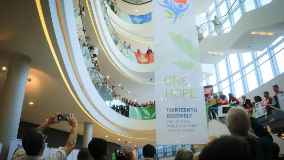 Youth lead a climate march through the venue during the Lutheran World Federation (LWF) Thirteenth Assembly, held in Krakow, Poland on 13-19 September 2023 under the theme of ’One Body, One Spirit, One Hope’. Photo: LWF/Johanan Celine Valeriano