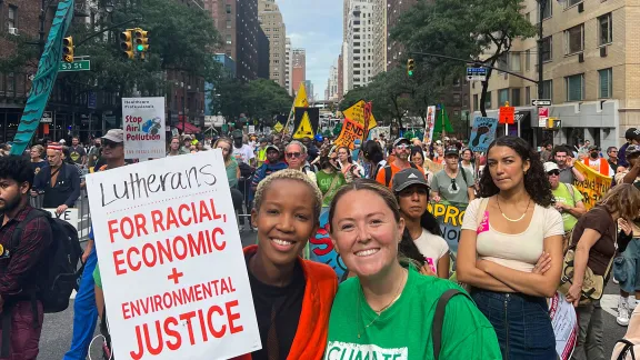 ELCA/LWF Fellow Naomi Mbise and ELCA Program Director for Environment and Energy Policy Christine Moffett attend a NYC Climate March in 2023. Photo: Lindsey Pajot