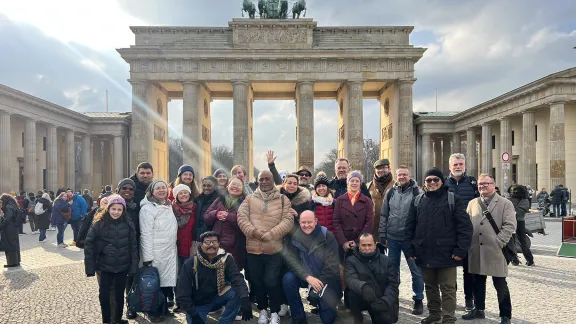 Participants and staff of the 26th International Theological Seminar for Pastors held in Wittenberg, Germany, during an excursion to Berlin, standing in front of the Brandenburg Gate. Photo: LWF Center Wittenberg