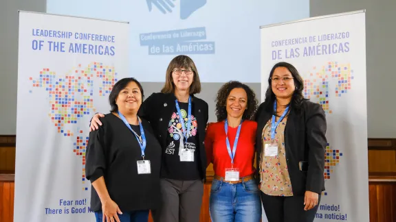 The coordinators of the women’s networks in the Americas are (from left) Georgina Arriagada Adriazola (Evangelical Lutheran Church in Chile - ILCH), Mary Streufert (Evangelical Lutheran Church in America - ELCA), Carmen Michel (Evangelical Church of the Lutheran Confession in Brazil - IECLB), and Adriana Alvaro (Salvadoran Lutheran Church - ILS). Photo: LWF/Gabriela Giese