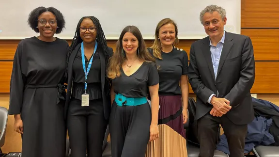 Panelists with moderator Sikhonzile Ndlovu, LWF’s Senior Advocacy Officer for Gender Justice, at the 20 June event on the gendered impacts of violent conflict and war. Photo: WCC/E. Lehoux