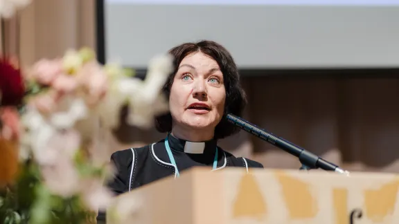 Rev. Dr. Anne Burghardt, LWF General Secretary, delivering the keynote address at the Evangelical Lutheran Church of Finland during their Mission Partnership Consultation in Helsinki on 29 August. Photo: Evangelical Lutheran Church of Finland