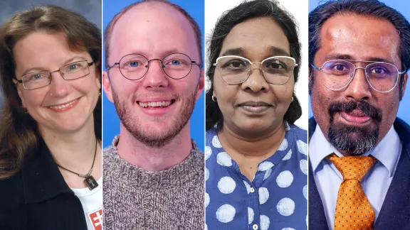 LWF scholarship holders at the webinar included, from left to right: Rev. Eva Guldanova (Slovakia), Mr Hans-Christoph Lange (South Africa), Rev. Dr Baby Rani (India), and Rev. Adrian Lopez (Malaysia). Photos: LWF/S. Gallay & Private