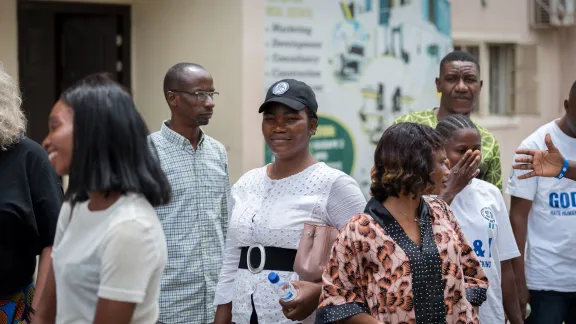 Yetunde is a returned migrant and participant in Symbols of Hope, pictured with other project participants outside the office in Abuja, Nigeria. Photo: LWF/Albin Hillert