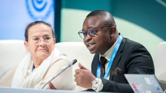 Maro Micah Maua of the Kenya Evangelical Lutheran Church pictured during an interfaith press conference at COP29. Photo: LWF/Albin Hillert