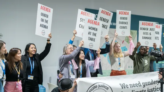 Observing Gender Justice Day at COP29, on 21 November, representatives of the LWF, ACT Alliance and the World Council of Churches join a faith-based advocacy call for gender justice and provision of space for women at the decision-making table. Photo: LWF/Albin Hillert