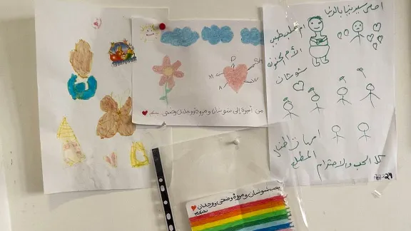 Amira’s drawings adorn the office of the AVH psychosocial counselor, who supported her and her mother during their final months together. Photo: LWF/E. Shaheen