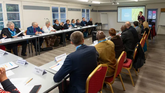 This was the first in-person meeting of the steering group. In the photo, Rev. Dr Eva Harasta, Program Executive for Global Lutheran Theology, leads one of the sessions. Photo: LWF/S. Gallay