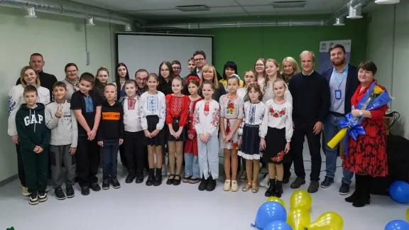 Students and teachers at the opening of the Pishanka school in Kharkiv. Photo: LWF/ L. Gillabert