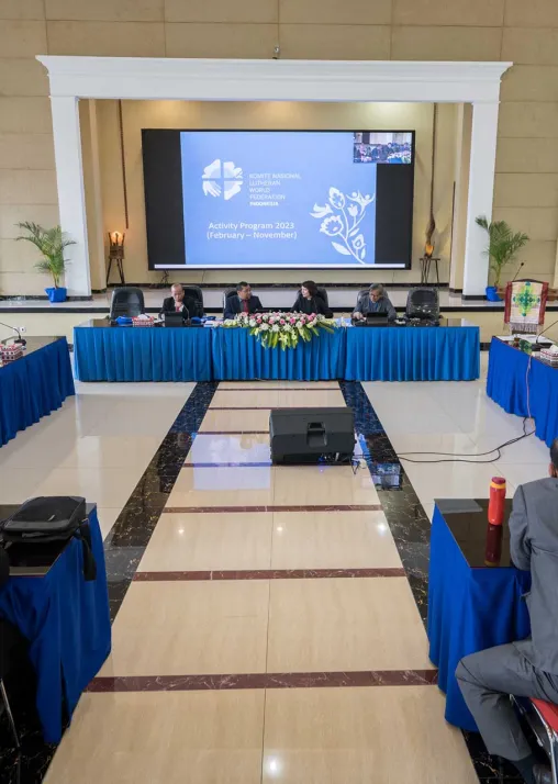 Bishop Dr Robinson Butarbutar shares words of introduction at the church leaders meeting. Photo: LWF/Albin Hillert