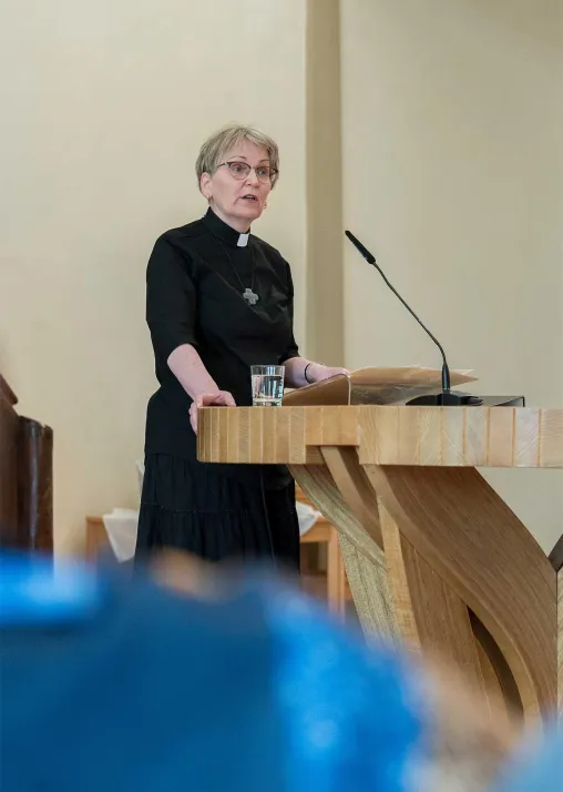 LWF Vice President for the Nordic region, Rev. Dr Arnfriður Guðmundsdóttir preaches during Sunday worship at the Evangelical Lutheran Church of Geneva. Photo: LWF/A. Hillert